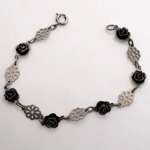 Vtg Sterling Sculpted Rose & Filigree Style Link Dainty Bracelet 6”